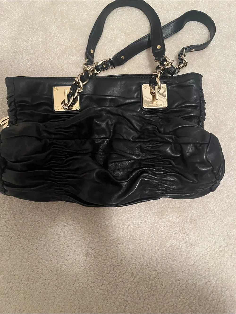 Michael Michael Kors Black Ruched Leather Shoulder Bag with Gold Accents